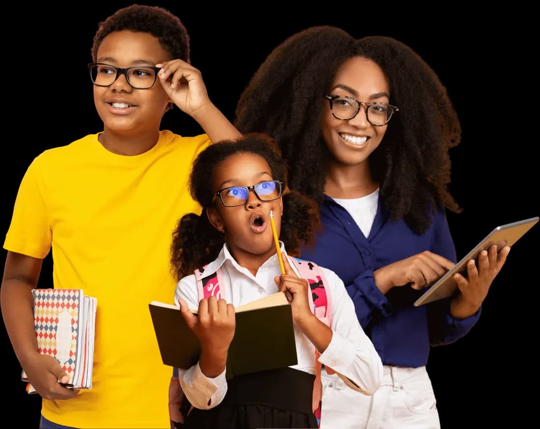 Three smiling children with a workbook, notebooks and a tablet