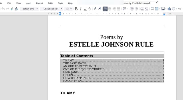A word processor showing a document with a large centred title, a shaded table of contents and a bold heading; the toolbar holds bold, italic, underline and alignment buttons.