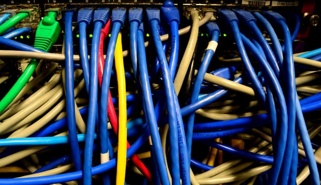 Dozens of blue, yellow, green and grey network cables plugged into the ports of a network switch.