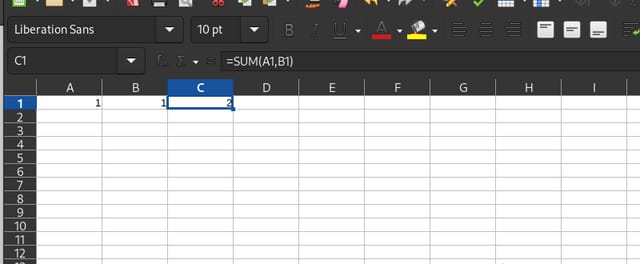 A spreadsheet where cell C1 shows 2 and the formula bar shows =SUM(A1,B1).