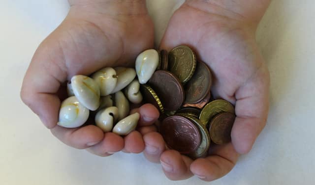 Two cupped hands holding cowrie shells, once used as money, beside modern coins.