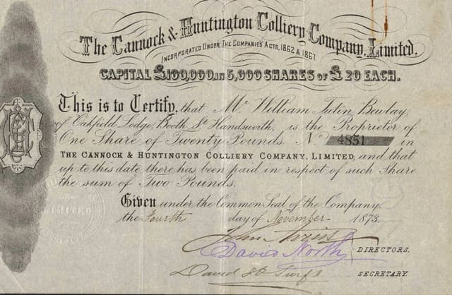 A share certificate from 1873 stating the company’s capital of £100,000 in 5,000 shares of £20 each, and naming the shareholder.