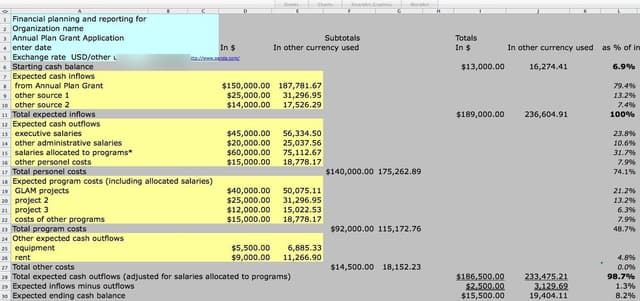 A spreadsheet forecast listing expected cash inflows, expected cash outflows for salaries, programmes, equipment and rent, and the expected ending cash balance.
