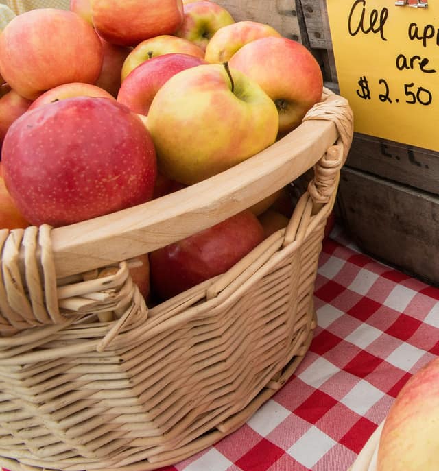A wicker basket piled with red and yellow apples on a checked tablecloth, beside a sign: All apples are $2.50.